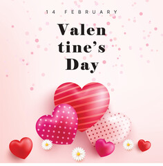 Happy Valentine's Day banner. Holiday background with realistic balloons and confetti. Vector illustration with 3d decorative object for Valentine's Day.