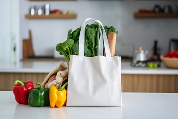 Eco-friendly reusable shopping bag with fresh vegetables, vegetables in the bag at the kitchen, a...
