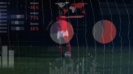 Animation of financial data processing over african american football player on black background - Powered by Adobe