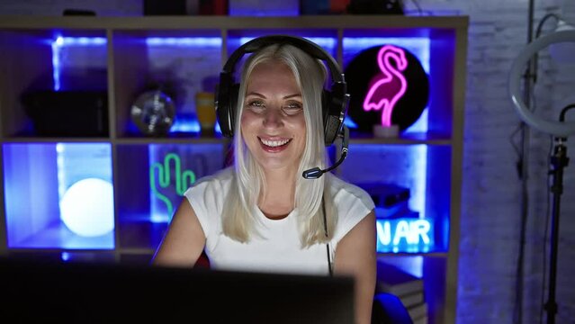 Crazy fun in the gaming room! young blonde woman, gamer at heart, nails the fish face while rocking headphones, playing computer game.