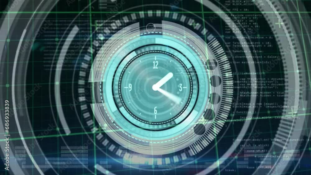 Poster Animation of clock, data processing over scope scanning