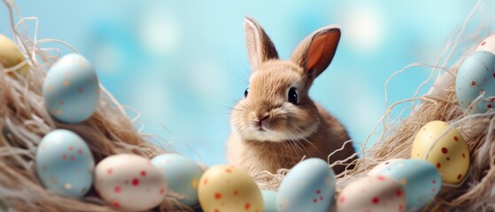 an Easter rabbit nestled among pastel-colored eggs in a nest against a dreamy blue background, representing the rebirth and renewal of Easter, sunny