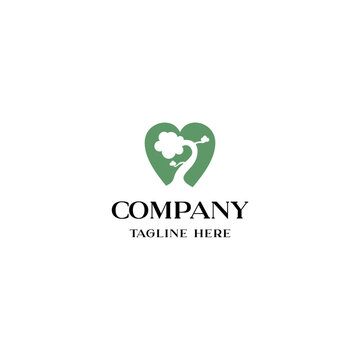 simple curved green bonsai tree environment in love shape for natural care logo design