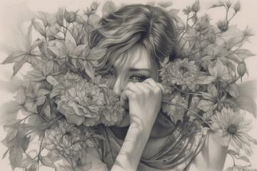 Sketch illustration of a beautiful girl with her face among the flowers, black and white drawing