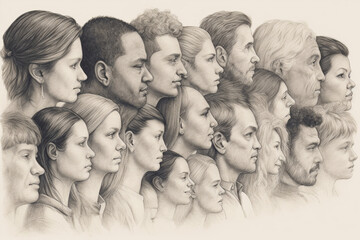 Sketch illustration of side view of racially diverse people on white background.