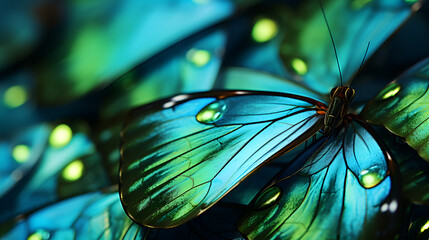 Beautiful butterfly with spread wings on a dark background, Cute little Animal in the Green Forest Generative Ai technology, Close up of beautiful blue butterfly rhombus shaped wings pollinating on 

 - obrazy, fototapety, plakaty