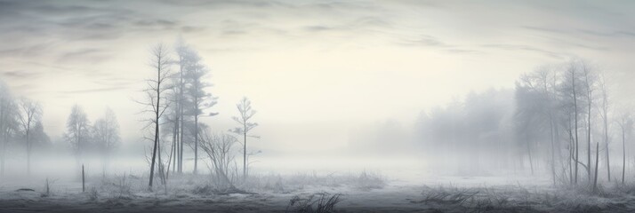 A Serene Tapestry of Light Gray Winter Fog Enveloping a Sleepy Forest at Dawn, Creating a Mystical Atmosphere