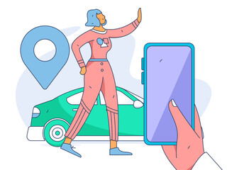 Vector internet operation hand-drawn illustration of people getting discounts for refueling the car
