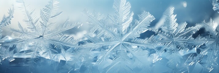 Enchanting Light Blue Frost Crystals Delicately Adorning a Winter Windowpane, Sparkling in the Morning Sunlight