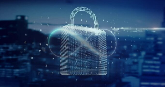 Animation of infinity symbol, padlock and data processing over cityscape