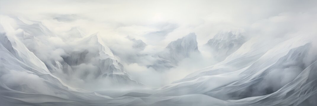 A Serene Tapestry of Winter's Embrace: An Abstract Panorama of White and Gray Snow Veil Draping the Landscape in a Soft, Ethereal Blanket
