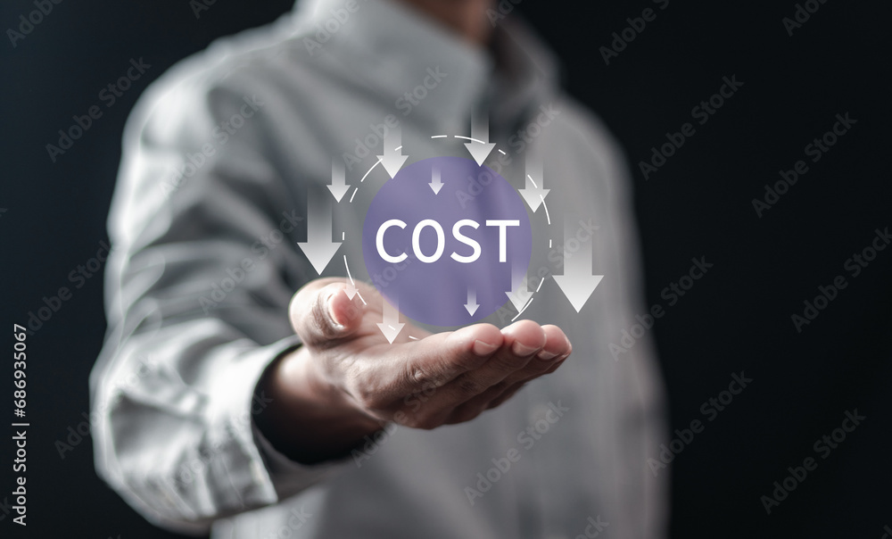 Poster cost reduction concept. businessman holding cost text with down arrow icon for budget management and