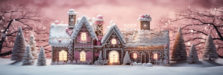 A Whimsical Silhouette of a Delicate Gingerbread House Adorned with Icing and Candy Details, Set Against a Softly Lit Holiday Background
