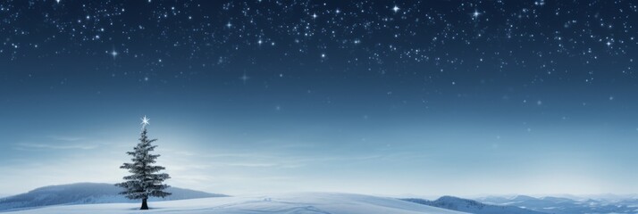 Naklejka premium A Solitary Pine Tree Cloaked in Winter's Purest Snow, Crowned with a Lone Star, Stands as a Minimalist Beacon of Serene Beauty in the Silent Night