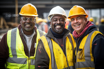 Workers wearing uniforms and hard hats demonstrate enthusiasm and opportunity. Their eyes shine with hope, and their smiles are wide and infectious, reflecting excitement.