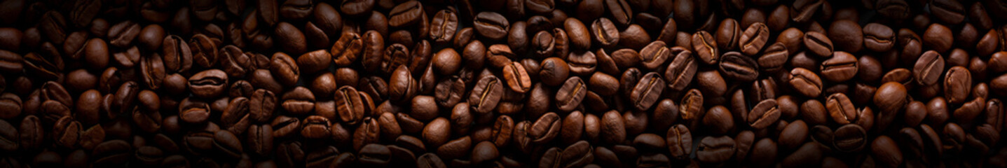 Naklejka premium Long rows of dark brown coffee beans arranged next to each other, with decorative patterns.