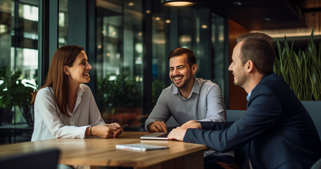 Group of happy colleagues together in the office, happy cooperation with clients, business cooperation, work meeting, brainstorming