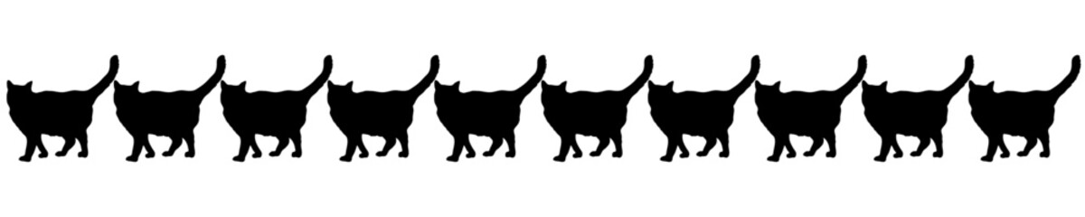 Ten black cats in line vector illustrations - silhouettes of the 10 cats isolated on white background-10匹の並んだ黒猫のベクター素材	