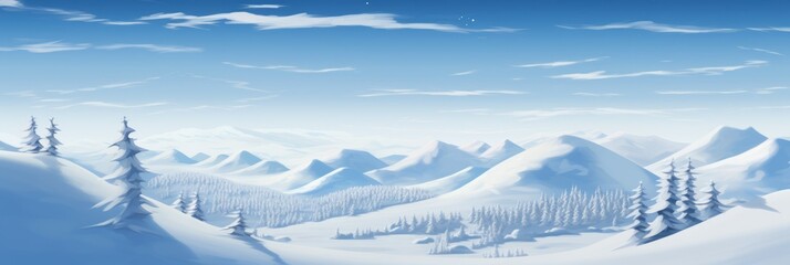 A Serene Tapestry of Simplified Snow-Blanketed Hills Gently Undulating Under a Pale Sky, Punctuated by the Subtle Glimmer of Distant Office Windows