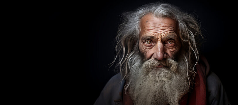 Homeless old man with long white hair and beard on a black background with a large gap.