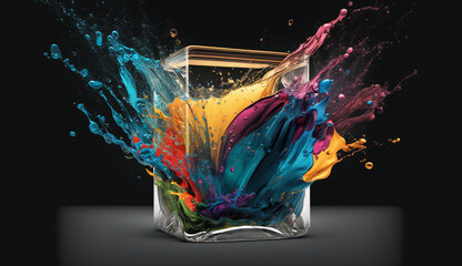 Explosion of colorful particles in a glass cube on a black background