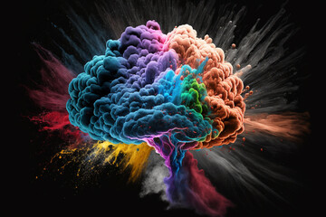 Creativity concept with colorful exploding brain storm, particles