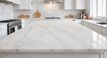 white marble texture table top on blurred kitchen background