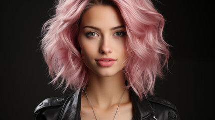 Influencer girl with pink hair on black background.