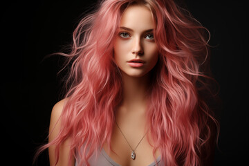 Fototapeta premium Influencer girl with pink hair on black background.