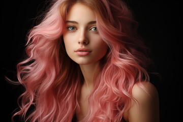 Fototapeta premium Influencer girl with pink hair on black background.