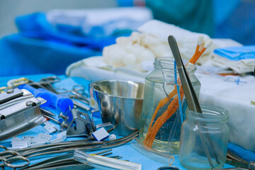 Surgical room equipped with clamps, forceps, all necessary technology for microsurgery of heart in...