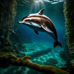 dolphin in aquarium near the alge
