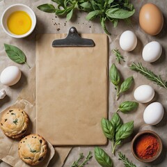 Blank clipboard on a food background