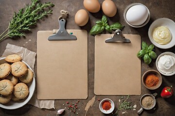 Blank clipboard on a food background