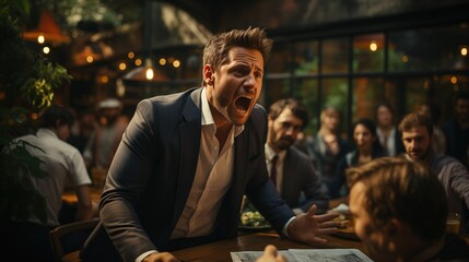 An intense moment at a restaurant with a man expressing shock or surprise with his mouth wide open. This image has commercial value for venues or events looking to advertise unique dining experiences