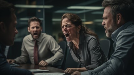 A businesswoman at a meeting is passionately expressing a point, mouth open wide, and colleagues reacting with intensity, for services in conflict resolution, team building, leadership training - obrazy, fototapety, plakaty