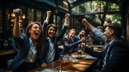 a group of professionals celebrating a success at a bar or pub, indicating a casual work event or after-hours celebration, raising their fists in a victorious gesture, team building, milestones - obrazy, fototapety, plakaty
