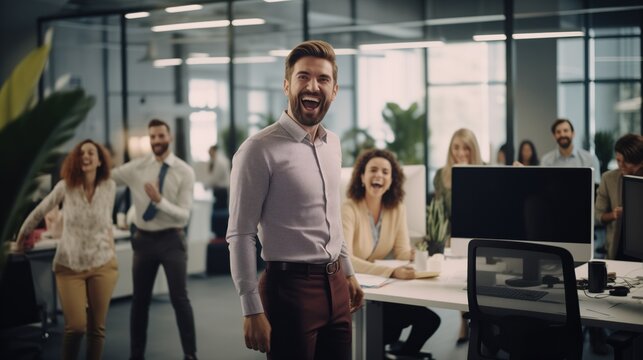 A confident man in a business setting stands out with a broad smile, surrounded by colleagues in a cheerful atmosphere, celebrating a promotion or a successful deal, corporate success, leadership