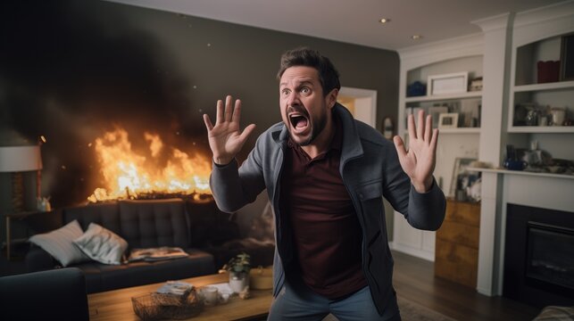 A man in a casual outfit is indoors with an expression of shock and horror as he reacts to a raging fire in the living room, which can be used for educational materials on fire safety, insurance