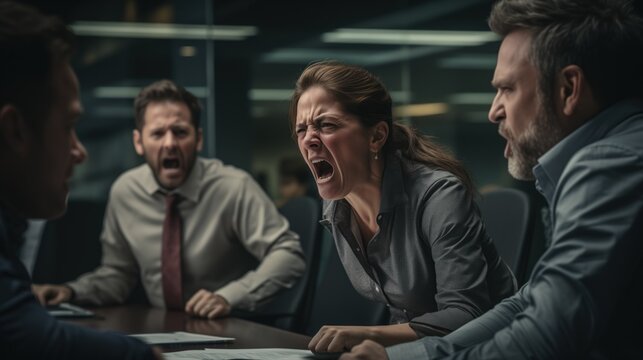 A businesswoman at a meeting is passionately expressing a point, mouth open wide, and colleagues reacting with intensity, for services in conflict resolution, team building, leadership training