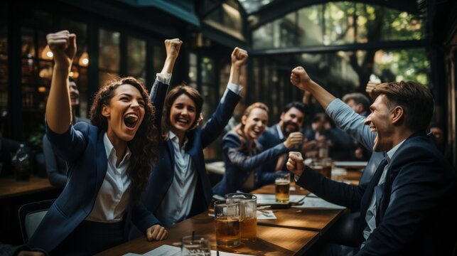 a group of professionals celebrating a success at a bar or pub, indicating a casual work event or after-hours celebration, raising their fists in a victorious gesture, team building, milestones