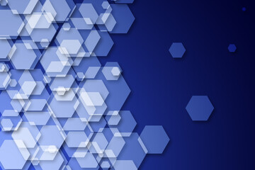 geometric hexagons pattern, gradients, overlapping hexagonal and shadows with glowing. dark blue background
