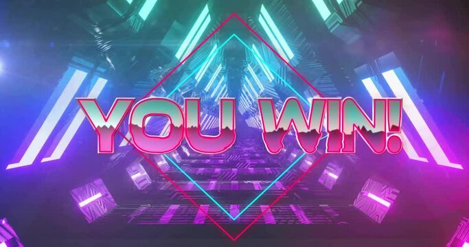 Animation of you win text and shapes over digital tunnel