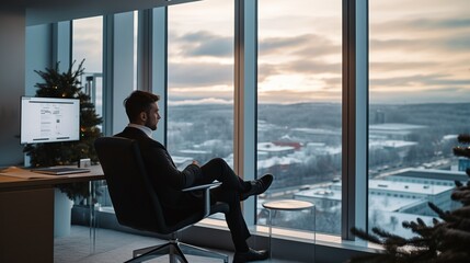 A businessman sits in contemplation in a modern office at dusk, with a Christmas tree in the background and a view over the wintry cityscape, reflecting on the past year or planning ahead
