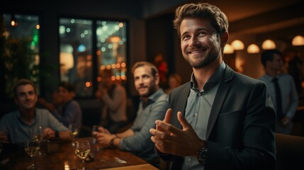 a man in a social setting, possibly a bar or a casual event, smiling confidently and clapping, his expression and posture indicate satisfaction and positive engagement. social events, business casual