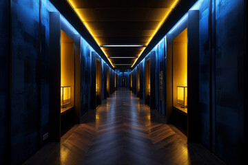 The hallway is dark and dramatic with blue and yellow lighting