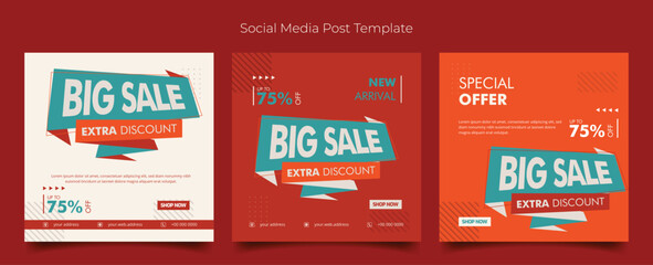 Social media post template with flat ribbon in orange and white background for product advertising