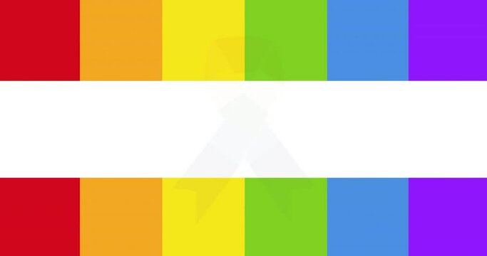 Animation of rainbow ribbon over rainbow flag on white background