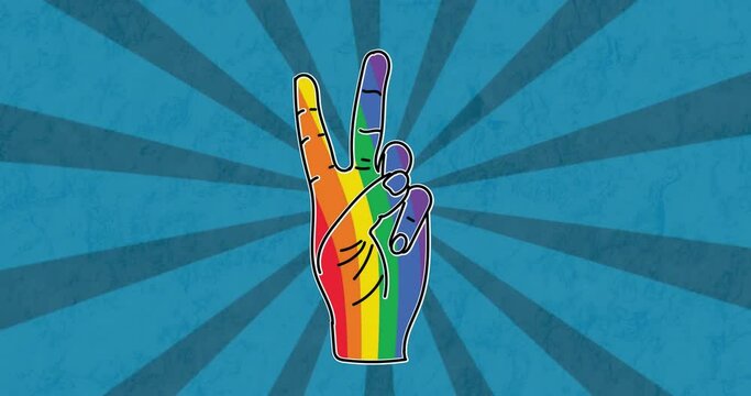 Animation of rainbow peace gesture over blue background