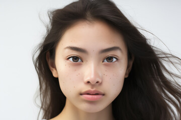Naklejka premium Portrait of a beautiful young Asian woman with perfect skin on gray background